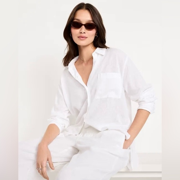 Old Navy Tops - Old Navy Women’s White Collard Neck Long Slv. Linen Blend Button Up Shirt XL